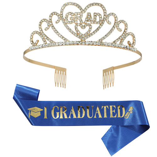 European and American graduation party crown shoulder strap ribbon 2-piece set alloy rhinestone letter headdress hair accessories graduated