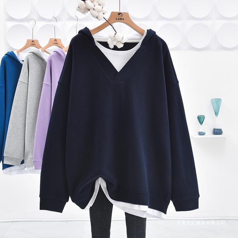 Spring and Autumn Plus Size 150kg Large Size V-Neck Faux Two-Piece Tummy-Covering Mid-Length Hooded Sweatshirt Loose Top for Women