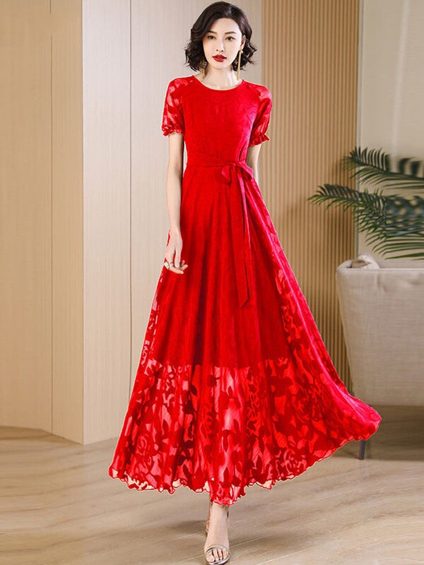 Summer Red Chiffon Dress for Women, Long Ankle-Length, New Style, Extra-Long, Formal Occasion Floral Print Flared Skirt