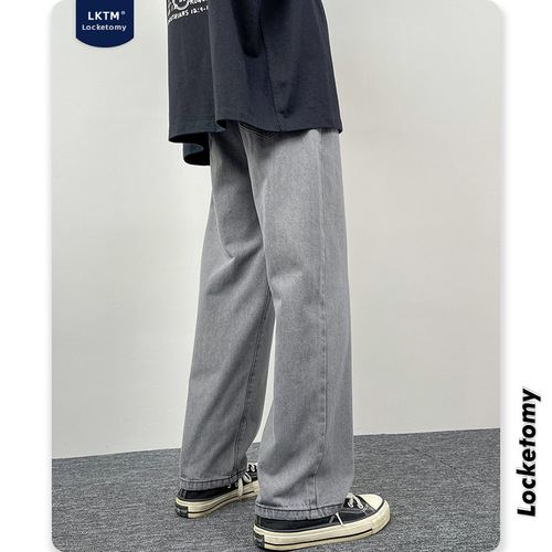 LKTM Men's #American Street Black Denim Jeans Men Loose Straight Leg Wide Leg Pants Trend Brand Nine-Tenths Length Pants