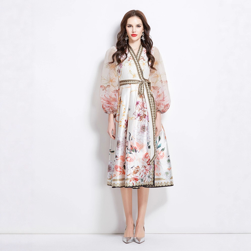 2025 Spring New V Neck Ethnic Style Printed Satin Wrap Long Dress 2025 Spring New V Neck Ethnic Style Printed Satin Wrap Long Dress