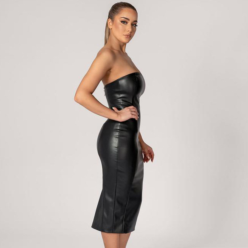 Solid Color Pu Leather Slim Tube Top Back Slit Midi Dress NSPBY113347