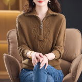 25年秋冬新款羊毛衫女翻领拉链绞花时尚毛衣宽松100%羊毛针织衫，女装针织衫/毛衣，妃慕昵服饰