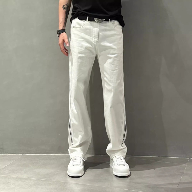 Pantaloni estivi sottili a gamba larga da uomo, pantaloni casual dritti con cuciture a righe, alla moda, jeans bianchi larghi da uomo, tendenza_voghion.com