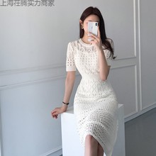 夏日白色短袖镂空针织连衣裙女新款冰丝收腰显瘦时尚名媛A字裙子