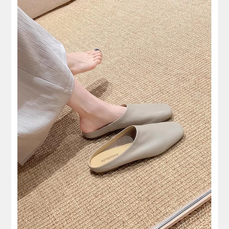 Grape Mom's Same Style Baotou Slip-On Soft Leather Comfortable Mule Half Slippers for Women 2025 Spring and Summer New Style