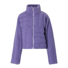 編織絎棉羊羔毛短款棉服夾克女士冬季新款立領拉鏈設計紫色棉服潮