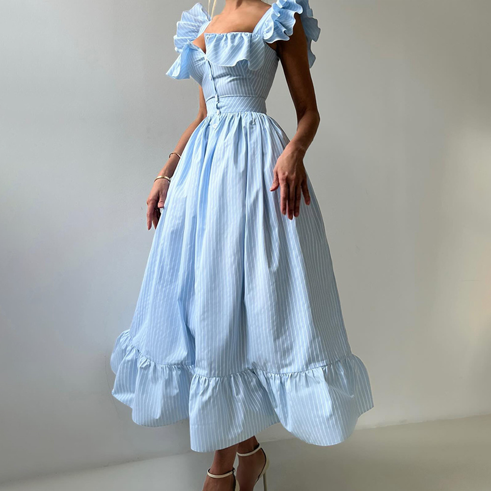Women's Clothing Striped Dress Button Down Cardigan Waist Cinching Long Dress Summer New Style Flutter Sleeve_ecoleips.com