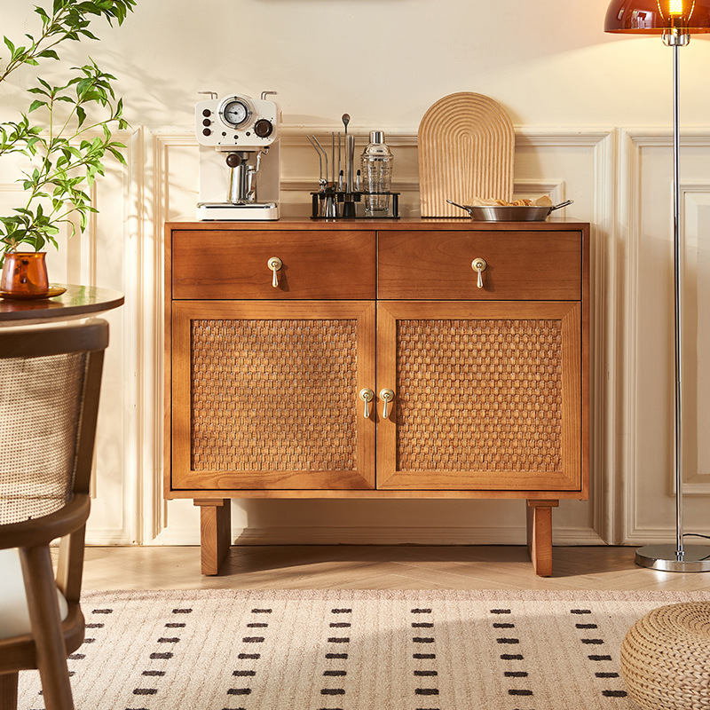 中古风实木藤编餐边柜客厅复古白蜡木民宿侘寂风双门储物柜带抽屉