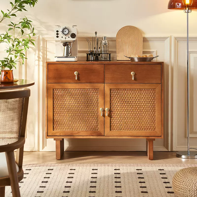 中古风实木藤编餐边柜客厅复古白蜡木民宿侘寂风双门储物柜带抽屉