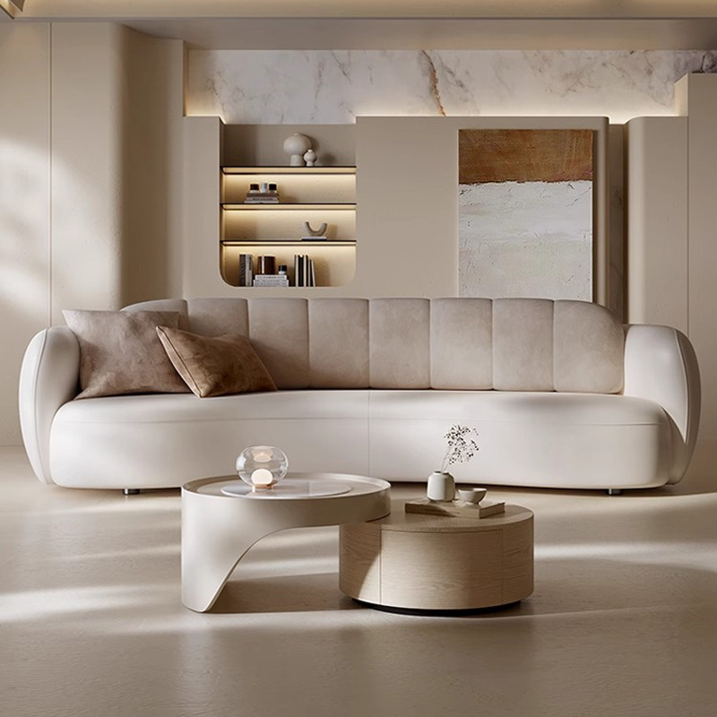 Diseñador de sofá de cuero arqueado italiano simple y moderno sofá de viento semicircular de estilo pequeño