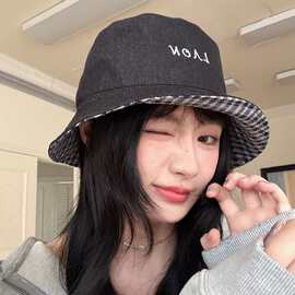 帽子女字母刺绣内檐格纹渔夫帽学生情侣盆帽韩版时尚遮阳帽子男潮