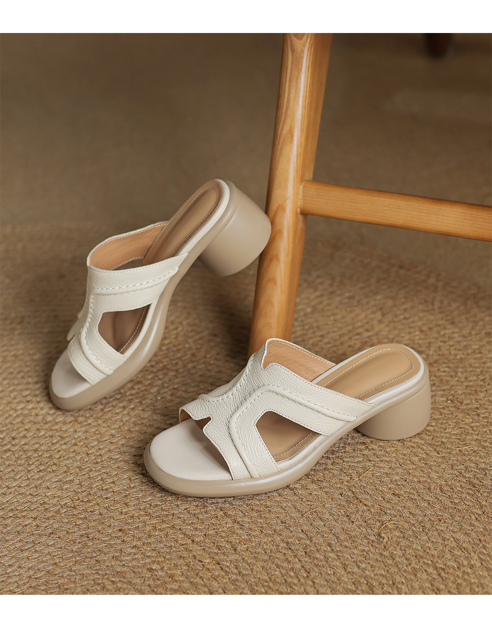 Dép sandal nữ da cừu hở ngón quai ngang gót 4,5 cm — Màu trắng be chi tiết 14