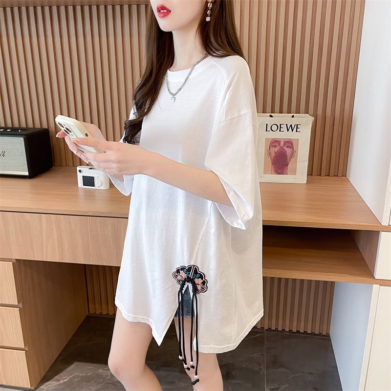 Camiseta de manga corta con hebilla de talla grande, estilo nacional femenino, suelta, talla grande, delgada, 2024 verano, nuevo estilo, top bordado, marea image 4
