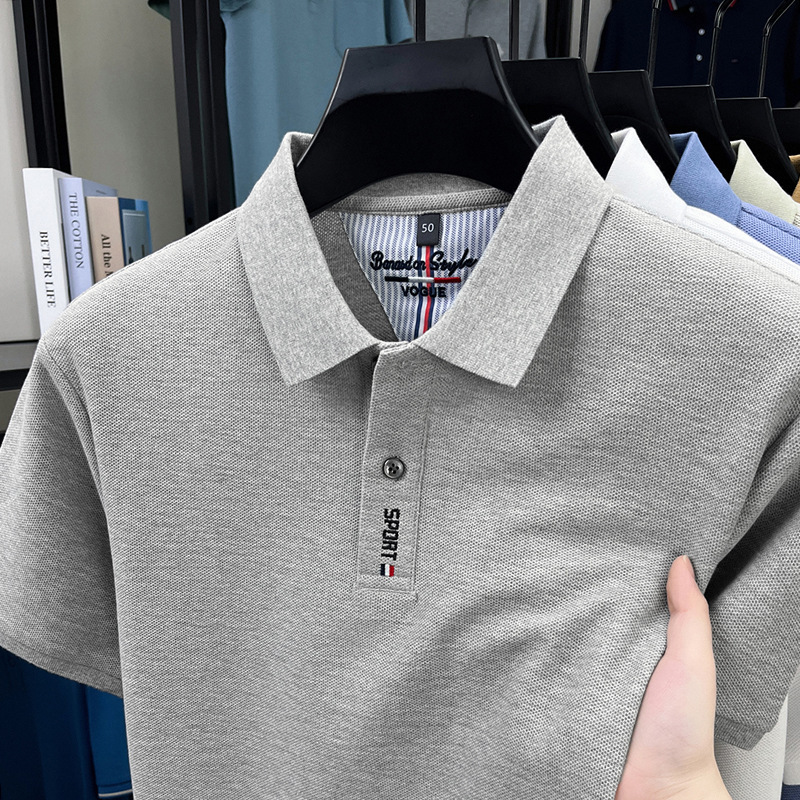 純綿メンズ Tシャツ夏の新しいハイエンド刺繍ラペルファッション薄型吸汗通気性半袖メンズ Tシャツ|undefined