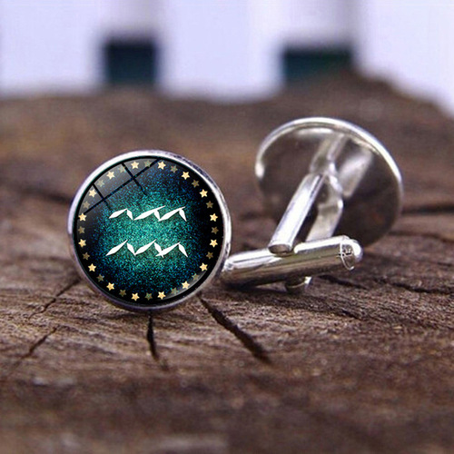 Cross-border new product Twelve Constellations Time Gem Cufflinks Fashion Creative Accessories Silver French Shirt Cuffs Cuff Pins