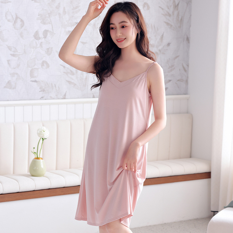 여성을위한 서스펜더 잠옷 여름 모달 민소매 조끼 잠옷 드레스 얇은 여름 얼음 실크 여름 임신 드레스