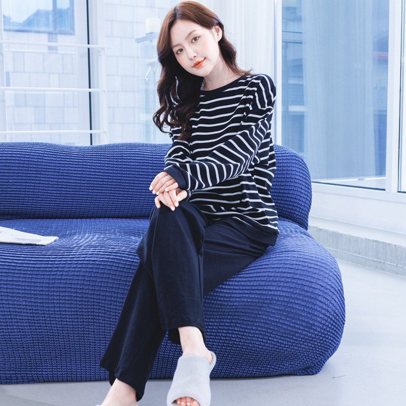 パジャマレディース春秋純綿長袖2023年新作純綿セットストライプホームウェアカジュアル外着可
