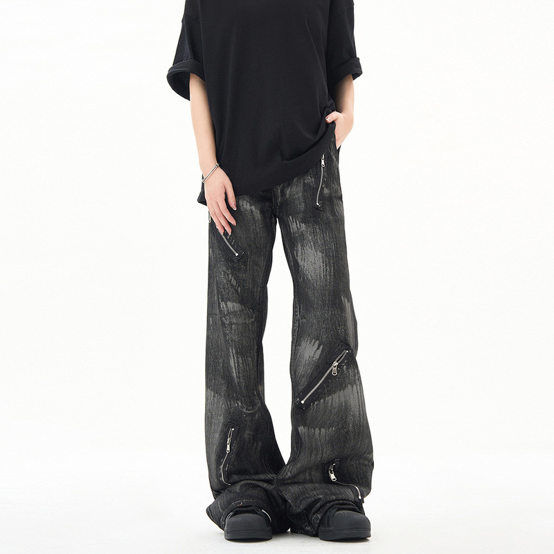 American Retro Waxed Dirty Wash Flared Jeans Unisex High Street Zipper Design Long Pants Trendy Style