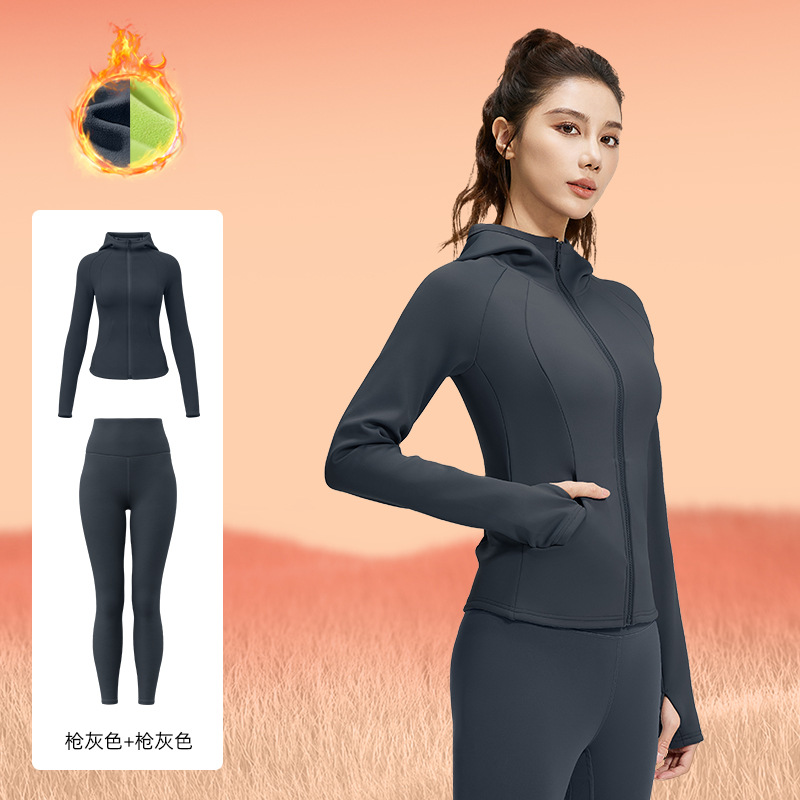 Juyitang otoño e invierno más traje deportivo de terciopelo cintura casual fitness delgado traje de yoga con capucha mujeres image 14