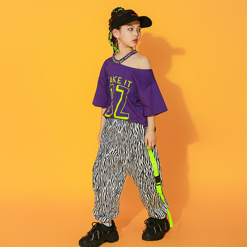 Girls boys purple zebra hiphop street rapper jazz dance outfits children cheerleading performance costumes fleabane skirt dance suit tide girls jazz dance