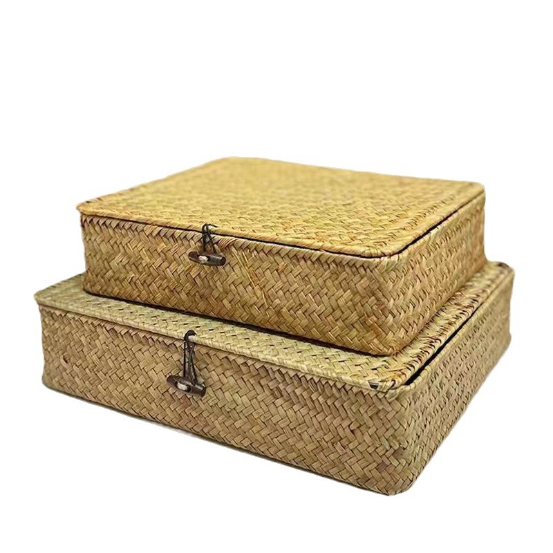 Caja de Almacenamiento Tejida de Paja con Tapa de Tejido de Paja Hecho a Mano para Escritorio