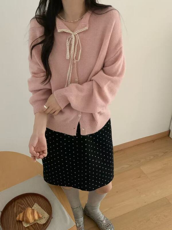 韩系系带蕾丝翻领毛衣小外套女秋冬新款纯色百搭软糯针织开衫|undefined