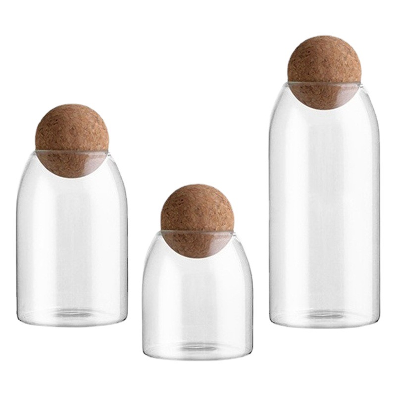 Bola redonda Cork tarro de vidrio transparente tarro sellado bar contador de almacenamiento flor fruta té café botella de exhibición de frijol
