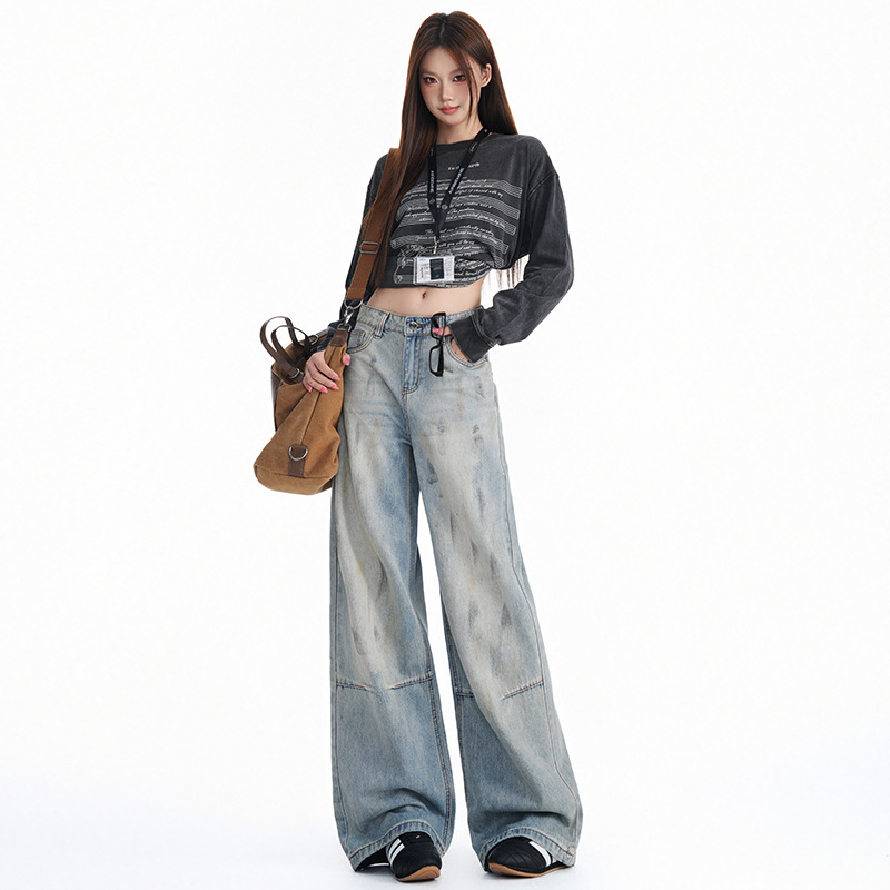 2026 autumn collection: new, elaborately designed, embellished with paint and rhinestones, trendy wide-leg and straight-leg pants, women's jeans