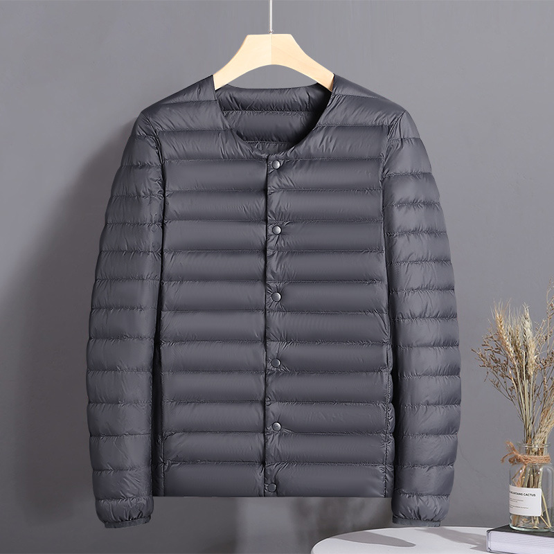 Chaqueta de plumón ligera transfronteriza para hombres y mujeres de otoño y invierno, chaqueta de abrigo caliente sin cuello, revestimiento de plumón ligero inferior se puede abrir