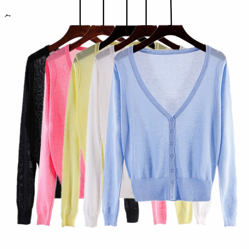 Perspective Ice Silk Knitwear Women's Cardigan Short Summer Long-sleeved Sunscreen Shirt V-neck Air-conditioning Shirt Ultra-thin Jacket
