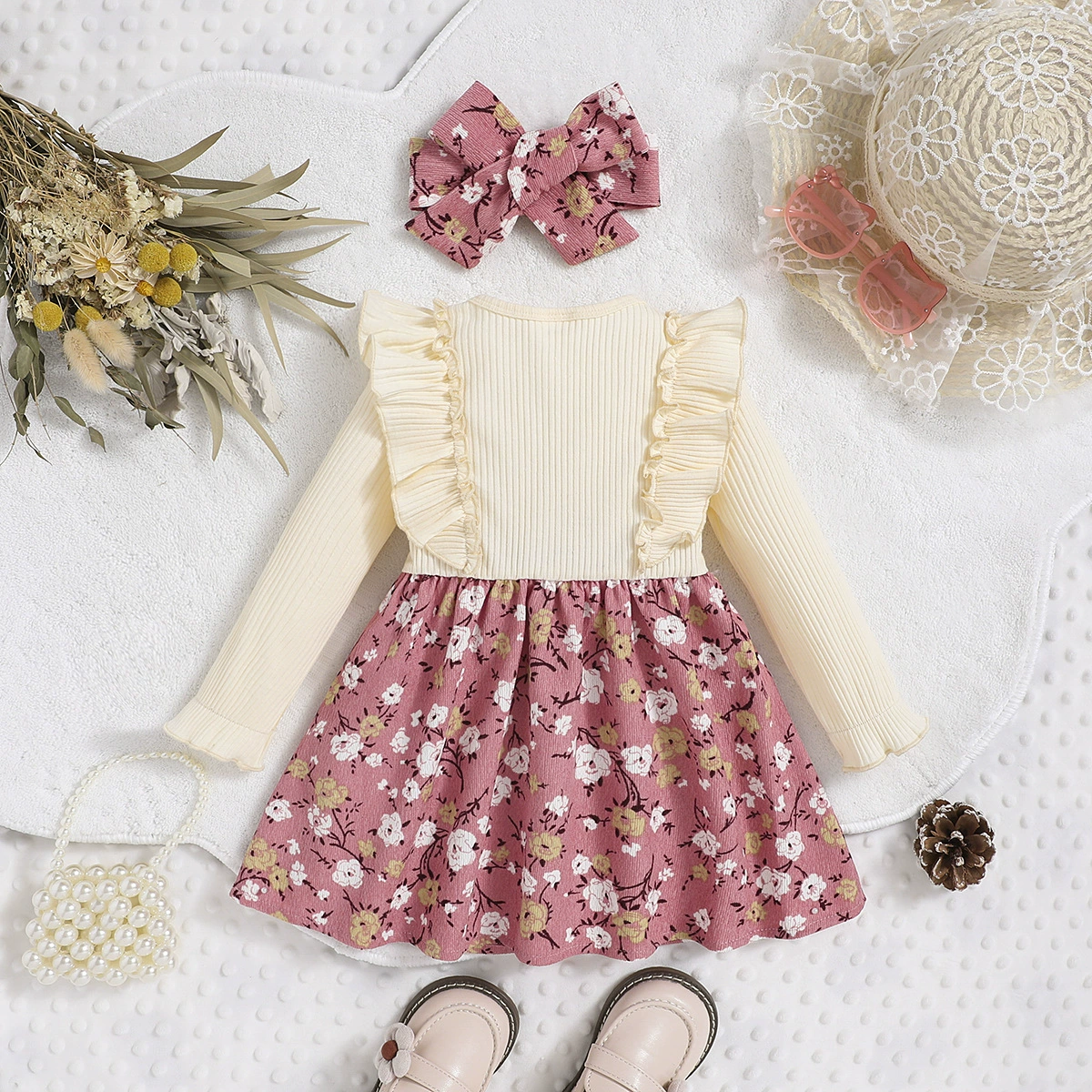 Autumn children's dress, scarf, children's clothing, flowered