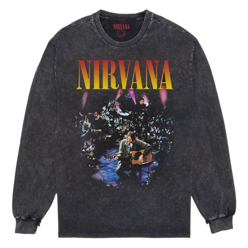 Nirvana Vintage American retro apenado rock punk angustiado lavado batik Camiseta de manga larga