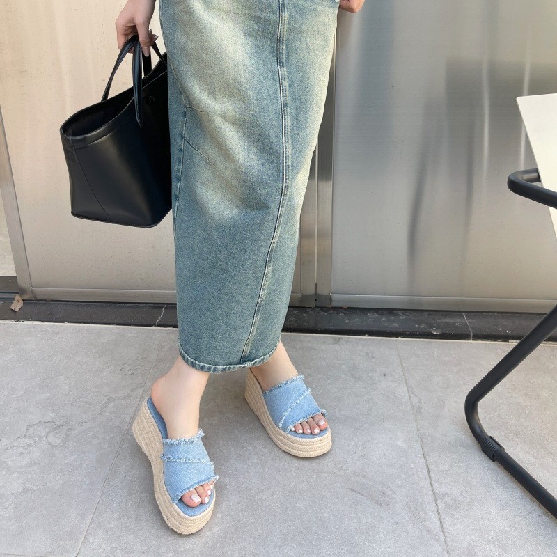 Sandali donna con zeppa in jeans stile francese e suola paglia_voghion.com