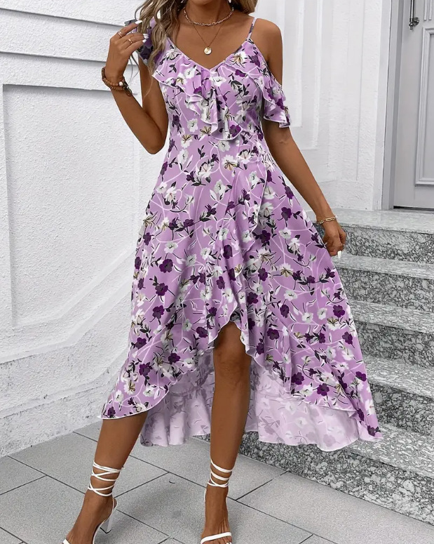 Women's Clothing Floral Print Sundress Irregular Slit Slim Waist Vacation Style Long Dress Fairy Beach Photos Dress For Women_ecoleips.com