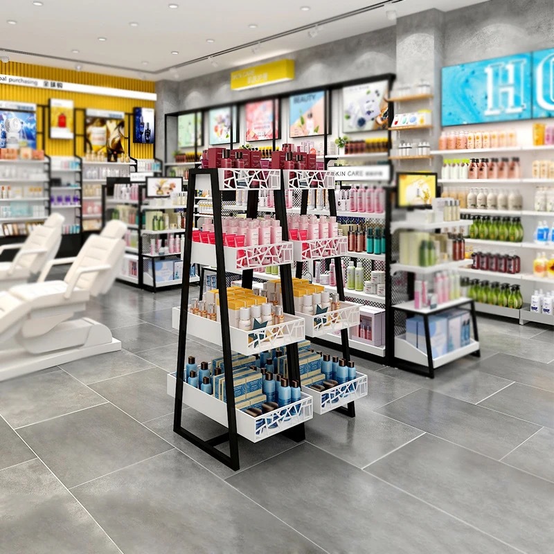 Estanterías de acero y madera para joyería, cosméticos, supermercados, centros comerciales, vitrinas de exhibición, armarios de almacenamiento comerciales multicapa personalizados para supermercados.