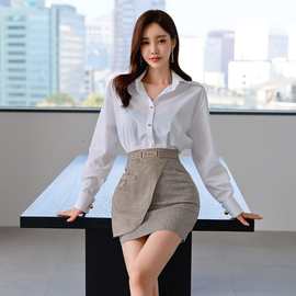 时尚翻领蝴蝶结高腰包臀套装裙 跨境女装春季新款白衬衫两件套女