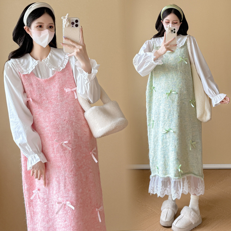 孕妇秋冬新款重工宽松显瘦长款背心连衣裙+娃娃领衬衫甜美两件套|undefined