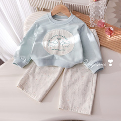 Girls' Spring and Autumn New Suit Sweet Cute Embroidered Applique Sweatshirt Fashionable Floral Loose Straight Pants Two-piece Set