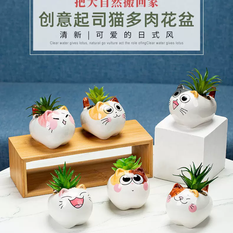 陶瓷卡通动物多肉小花盆批发 时尚简约创意可爱起司猫绿植小盆栽