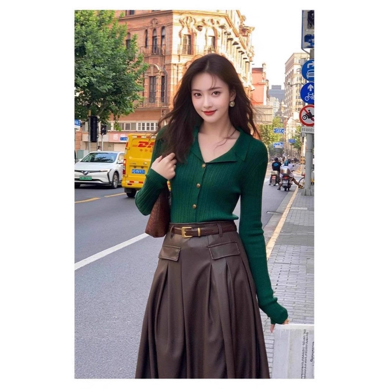 Slimming Hong Kong Style Sweater Green Top Red Retro Slim Knitwear Women's Polo Collar Base Shirt