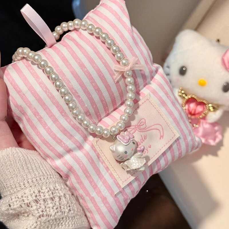 可爱粉色系带蝴蝶结KT猫坠珍珠项链少女心甜美精致通勤百搭锁骨链|undefined