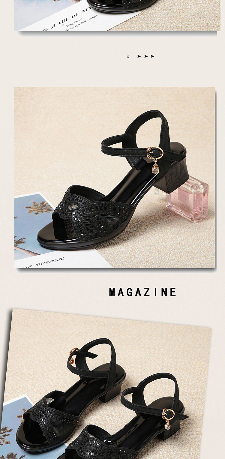 Sandal cao gót nữ quai ngang da thật gót vuông — Màu đen chi tiết 16