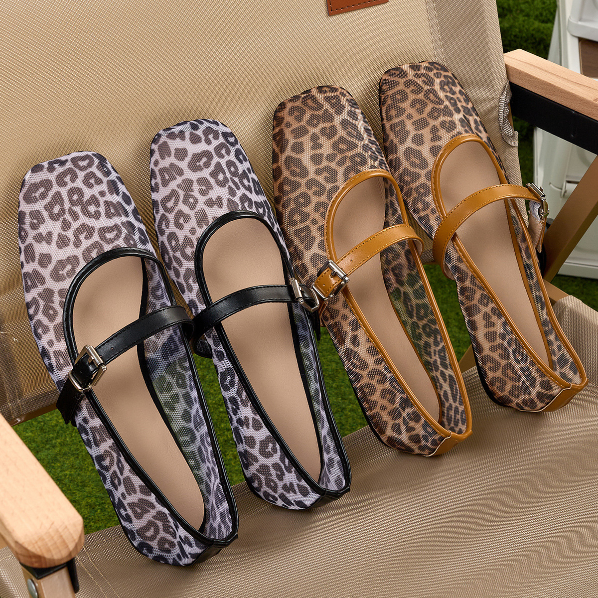 Za Cross-Border Amazon In-Stock Mesh Leopard Print Ballet Shoes for Women 2026 Mary Jane Shoes Outdoor Granny Shoes Women's Shoes