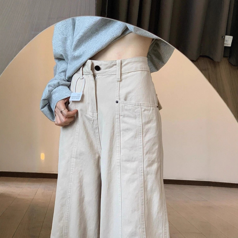 沙白色美式工装牛仔裤女高腰显瘦设计感2025秋季设计感直筒阔腿裤|undefined