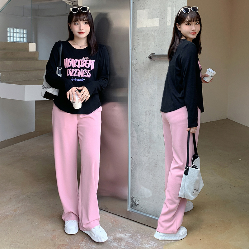 Plus-size women's knitwear set, slimming and flattering, autumn style, outerwear, base layer top, T-shirt, women's wide-leg pants 3108