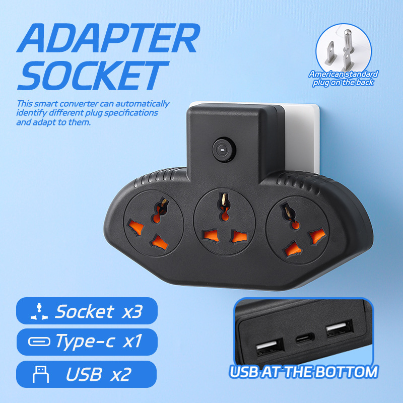 Suministro transfronterizo estándar 110V conector de convertidor USB + tipo-c conector de carga rápida extensión de conector negro