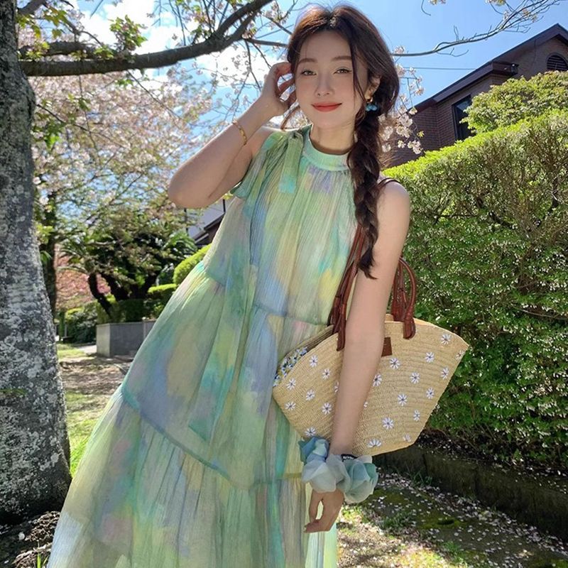 French Sweet Design Smudged Mint Mambo Green Halterneck Dress Fairy Summer Seaside Vacation Skirt