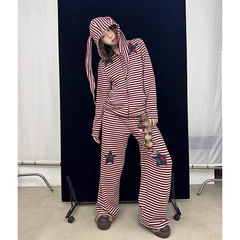 韩版撞色条纹长袖睡衣女秋冬季卡通印花兔耳朵连帽德绒家居服套装