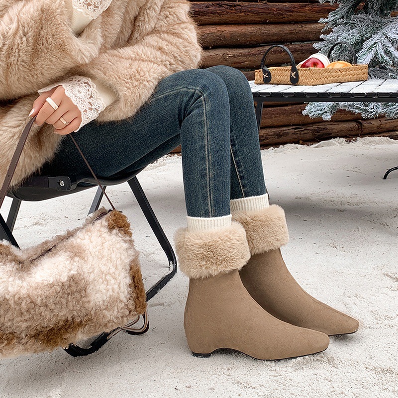 Boot nữ cổ cao lông cừu mũi vuông tăng chiều cao — cà phê nâu, màu xám, quả mơ
